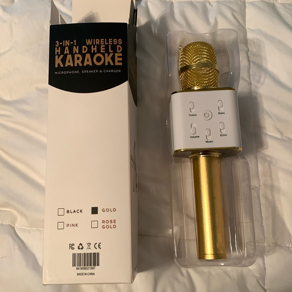 Karaoke Microphone, Speaker, Charger, Gold & White, Hand-Held 3-in-1, Funky Rico